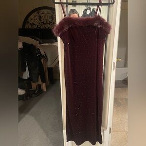 Zara Burgundy Velvet Maxi Dress with Faux-Fur Trim
